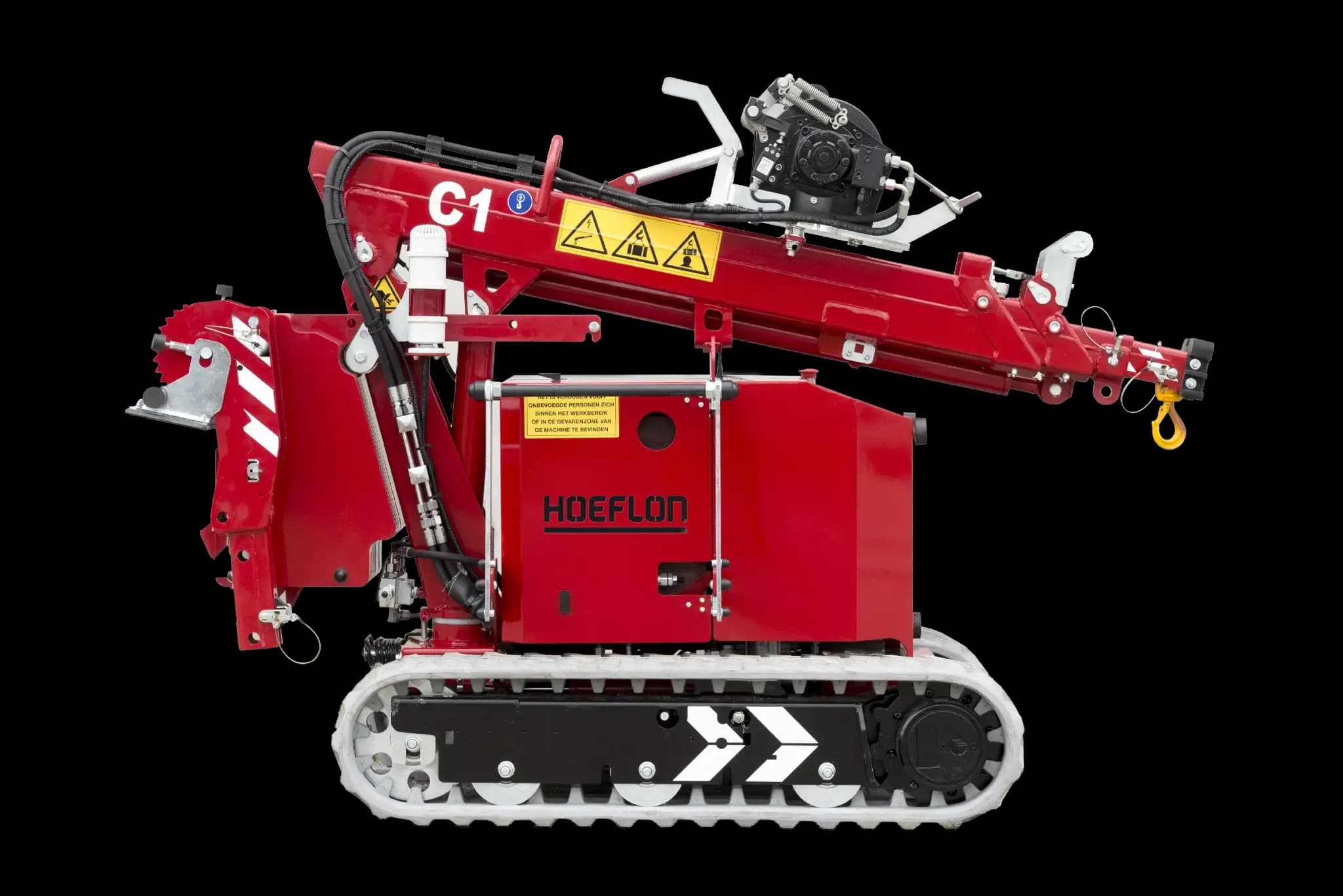 Image of the Hoeflon C1e crane in transport mode, side view.