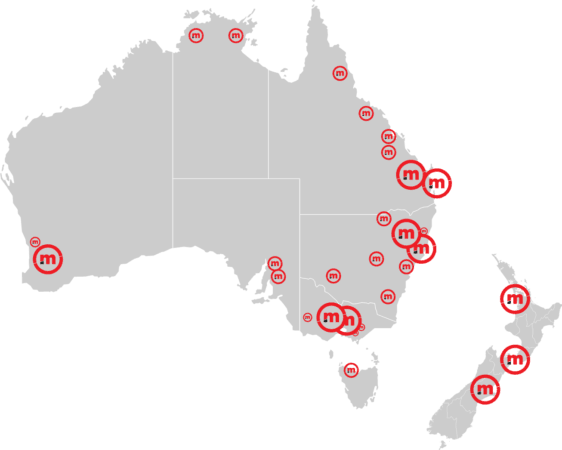 Map of Australia and New Zealand with marked locations.