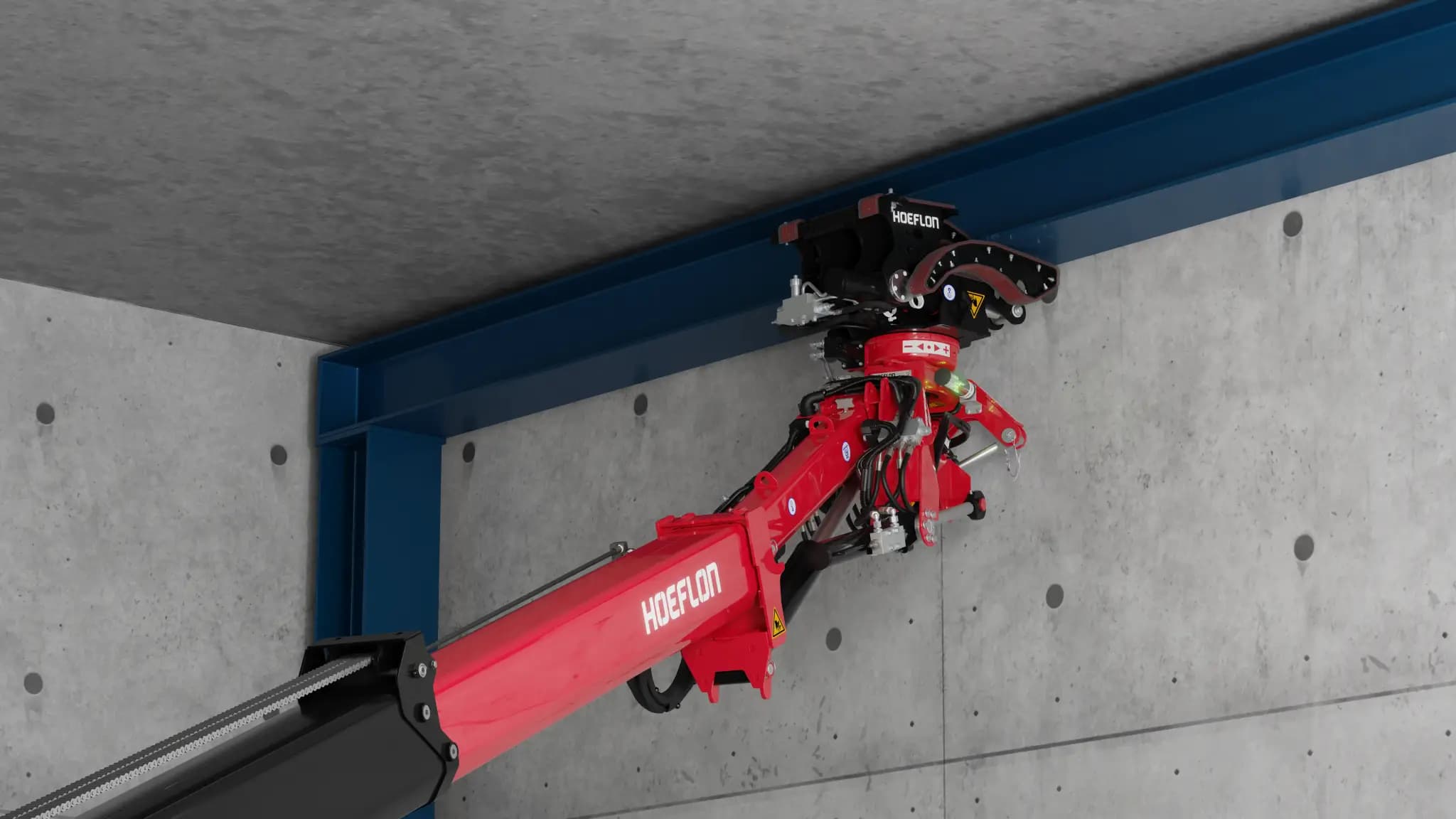 Hoeflon multitool with beam clamp in corner between ceiling and wall.